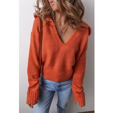 Flamingo Collared V Neck Ribbed Edge Sexy Elegant Sweater