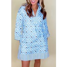 Sky Blue Contrast Striped Trim Floral Shift Fit Fall Dress
