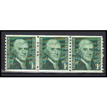 Used 1299 1c Thomas Jefferson Fine Strip of 3 KA6204