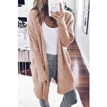 Smoke Gray Ribbed Trim Puff Sleeve Open Cardigan