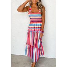 Red Stripe Ruffled Straps Smocked Tiered Long Dress