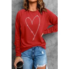 Fiery Red Rhinestone Heart Shaped Long Sleeve Sweatshirt