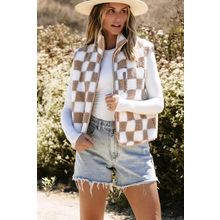 Khaki Checkered Sherpa Collared Jacket Vest