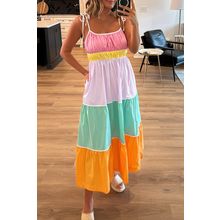Multicolour Colorblock Self-tie Straps High Waist Flowy Maxi Dress with Pockets