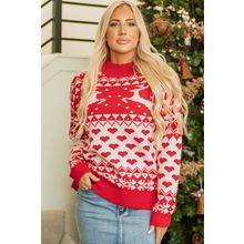 Fiery Red Merry Christmas Reindeer Heart Pattern High Neck Sweater