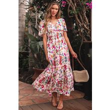 Red Floral Short Sleeve V Neck High Waist Maxi Dress