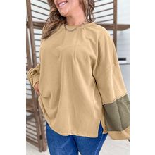 Laurel Green Exposed Seam Contrast Texture Patchwork Plus Size Drop Shoulder Pul