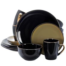 Elama Cambridge Grand 16-Piece Dinnerware Set in Luxurious Black and Warm Tau...