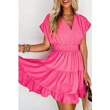 Strawberry Pink Ruched Sleeve V Neck Smock Waist Tiered Ruffled Dress