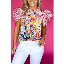 Red Floral Mixed Print Ruffle Cap Sleeve Blouse