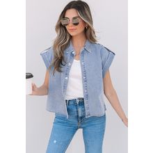 Dusk Blue Denim Pinup Folded Cap Sleeve Shirt