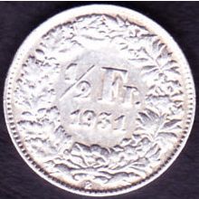 1931 B Switzerland 1 Half Franc Silver Coin