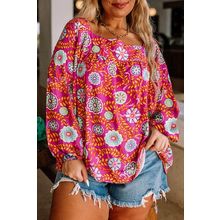 Pink Plus Size Square Neck Floral Blouse
