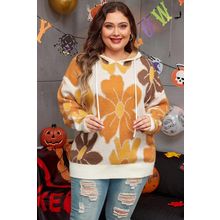 White Large Flower Knitted Drawstring Hooded Plus Size Sweater