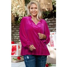 Bright Pink Plus Size Ruffled Sleeve V Neck Velvet Blouse