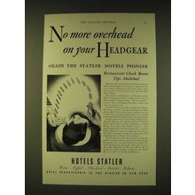 1933 Hotels Statler Ad - No more overhead on your Headgear