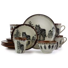 Elama Majestic Wolf 16 Piece Luxurious Stoneware Dinnerware with Complete Set...