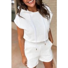 White Textured Cropped Hoodie and Shorts Set