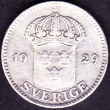 1929 Sweden 25 Ore Silver Coin