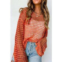 Orange Open Knit Crochet Bell Sleeve Tunic Sweater