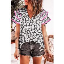 Black Floral Contrast Ric Rac Layered Ruffle Sleeve Blouse