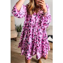 Rose Leopard Print Buttoned Front 3/4 Sleeve Tiered Ruffled Hem Dress