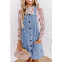 Beau Blue Wide Strap Button Front Pocketed Denim Mini Dress