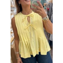 Yellow Cream Bow Tie Notched Neck Pleated Tank Top