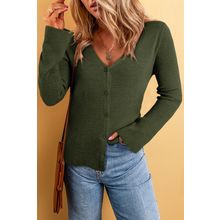 Moss Green Lightweight Ribbed Knit Button Front V Neck Cardigan