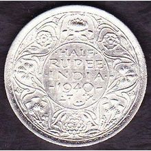 1940 B India 1 Half Rupee Silver Coin