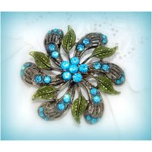 Summer Gift Blue Crystal Dark Green Floral Brooch Jumper Clasp Pin Jewellery 459