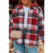 Red Printed Plus Size Plaid Button up Hooded Jacket