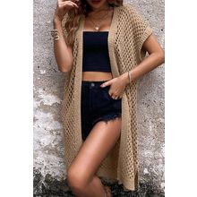 Camel Batwing Sleeve Pointelle Knit Open Front Cardigan