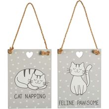 Funny Cat Wooden Hanging Signs Pair of Humorous Feline Grey Plaques