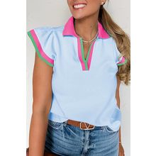 Beau Blue Color Contrast Ruffled Sleeve Collared V Neck Blouse