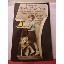7th BIRTHDAY, used vintage postcard RP 1936 pm pond yacht, dog /