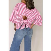Pink Stripe Bowknot Cutout Back Drop Shoulder Wide Bracelet Sleeve Loose Tee
