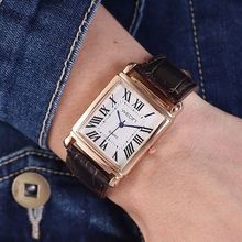 Gents Square Rectangle Tank Face Rose Gold Case Brown Leather Strap Watch