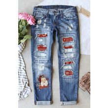 Sky Blue Santa Claus Pattern Splicing Distressed Boyfriend Jeans