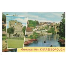 multiview, KNARESBOROUGH, YORKSHIRE used vintage postcard by Dennis 1977 pm #