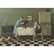 Katchen German Pigs Playing As Man Eats Pork Joint Painting Postcard