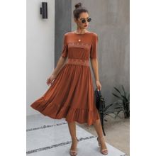 Women's Round Neck Lace Detail Ruffle Hem Midi Dress