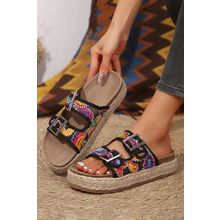 Black Paisley Print Double-Buckle Wedge Slippers