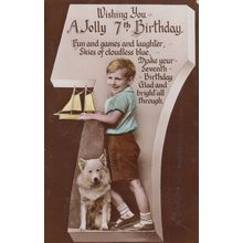 Boy with Toy Model Boat Dog Sea Cloudless Skies 7th Birthday Antique Postcard