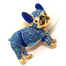 Navy Blue Shiny Bulldog Dog Animal Crystal Fashion Women Charm Brooch Pin Gifts