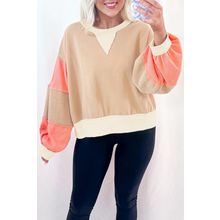 Light French Beige Color Block Textured Patchwork Pullover Sweatshirt