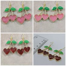 Enamel Resin Glitter Cherry Heart Drop Dangle Earrings Gold Plated Kitsch