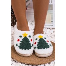 White Fuzzy Christmas Tree Pattern Home Slippers