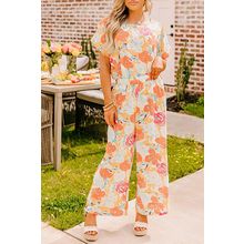 Orange Vibrant Floral Printed Short Sleeve Top 2 Piece Pants Set