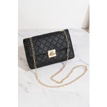 Black Textured PU Leather Gold Chain Buckle Single Shoulder Bag